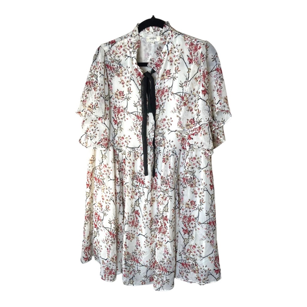 Umgee Baby Doll Shaped Tunic Top Cream with Branches & Tie Front Size Small